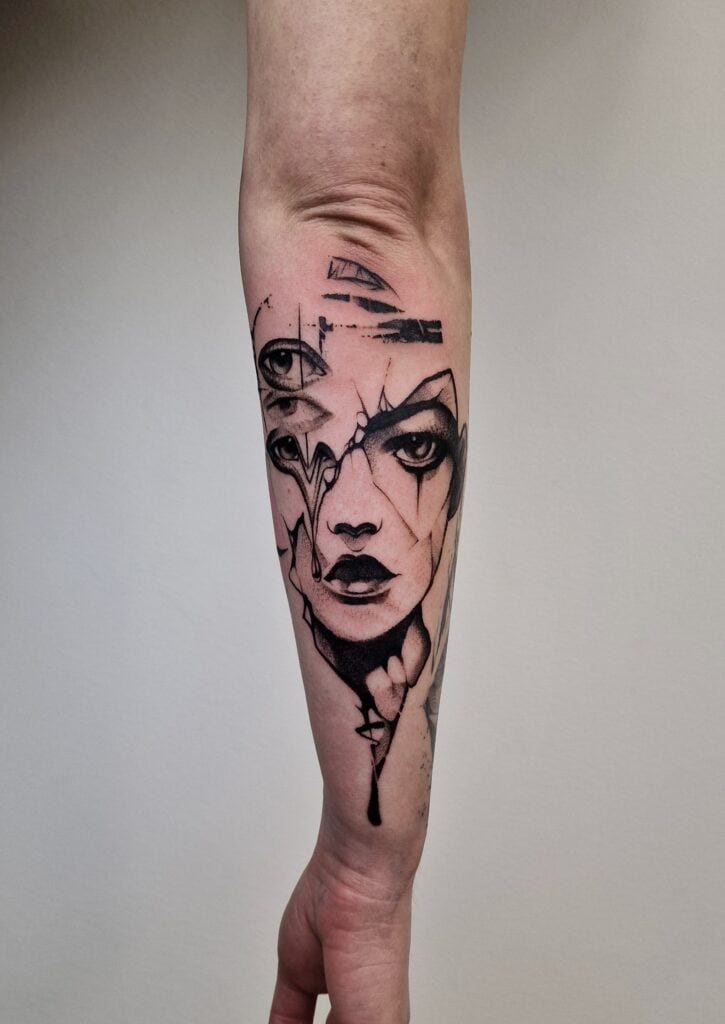 Black and grey portrait of a woman with abstract lines